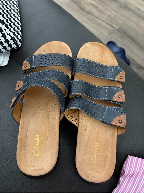 Clarks Shoes - Clarks Women's Blue and Tan Triple-Strap Perforated Slide Sandals